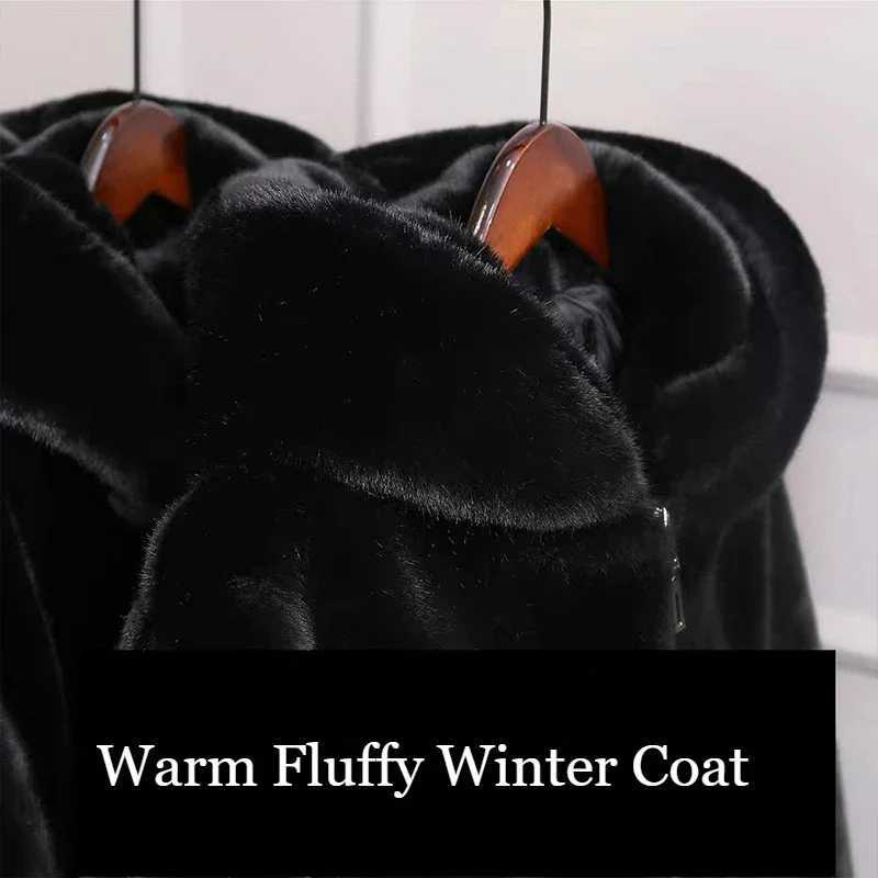 Mens winter faux fur coat black hooded faux fur leather jacket thin and warm fluffy windproof jacket mens zipper top mens jacket W241213