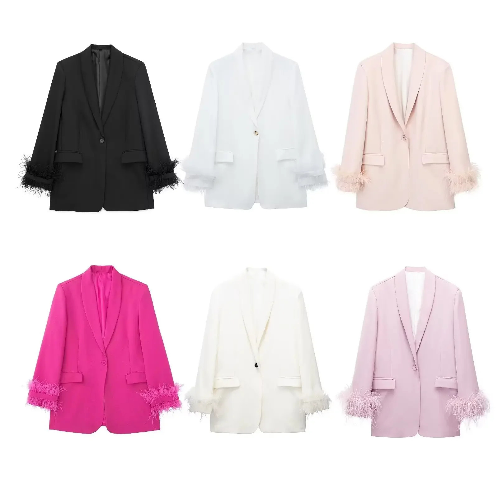 Feather Blazer Woman Black Button Jacket Women Long Sleeve Office Wear Blazers Streetwear Winter Female Coats 241209
