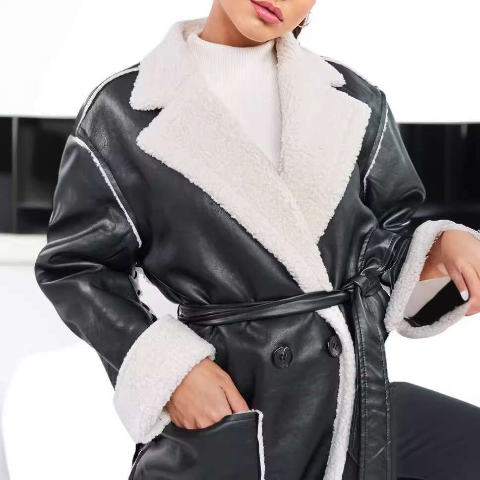 European American Autumn And Winter New Casual Leather Thick Windbreaker Ins Loose Jacket Women's Fashion Quality Classic