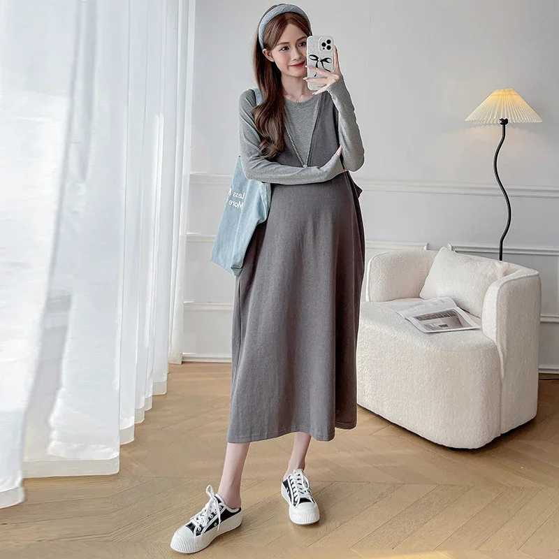 French Sle Materni Autumn Clothes Sleeveless Zipper Fly V-neck Pregnant Woman Tank Dress Long Loose Pregnancy Oversize DressXJ241213