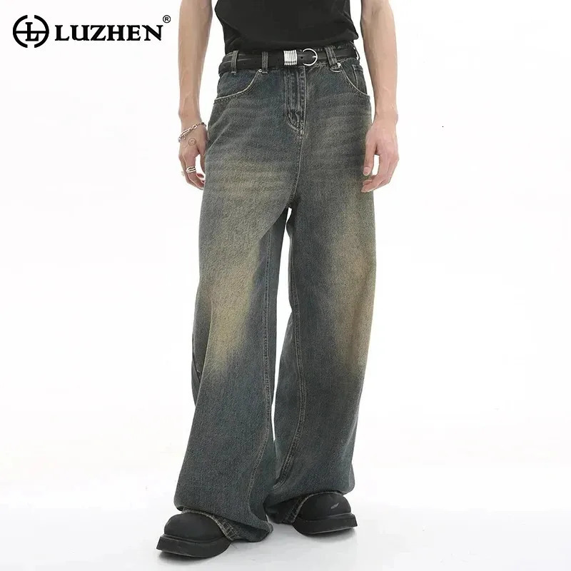 LUZHEN Old Male Pants autumn blue washed mens denim jeans straight casual loose wide leg Trouser 2024 item 9C354 241211