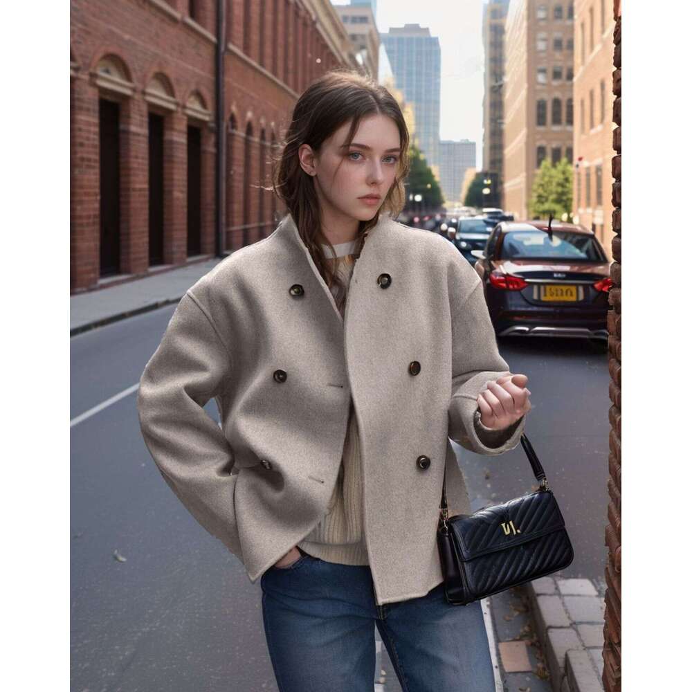 Double Breasted Solid Color Woolen Coat For European And American Foreign Trade, Casual Temperament, British Style Versatile Top, Fashionable Quality,