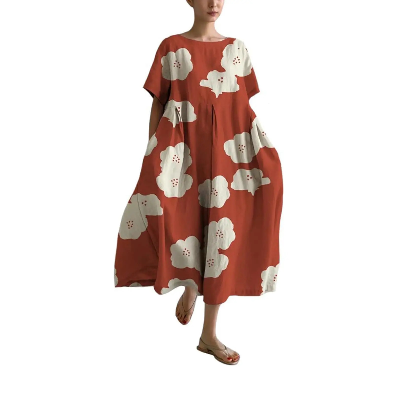 Summer European and American Womens Loose Round Neck Elegant Fashion High end Short Sleeve Printed Dress 241212