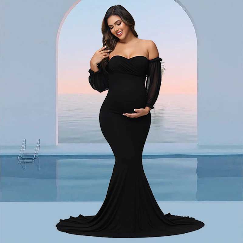 Materni Dress For Photoshoot Off-Shoulder Mesh Puff Sleeve Slim Pregnancy Womens Photography Maxi Gowns For Baby ShowerXJ241213