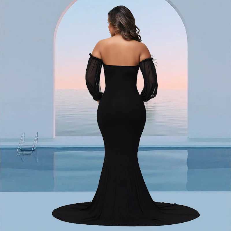 Materni Dress For Photoshoot Off-Shoulder Mesh Puff Sleeve Slim Pregnancy Womens Photography Maxi Gowns For Baby ShowerXJ241213
