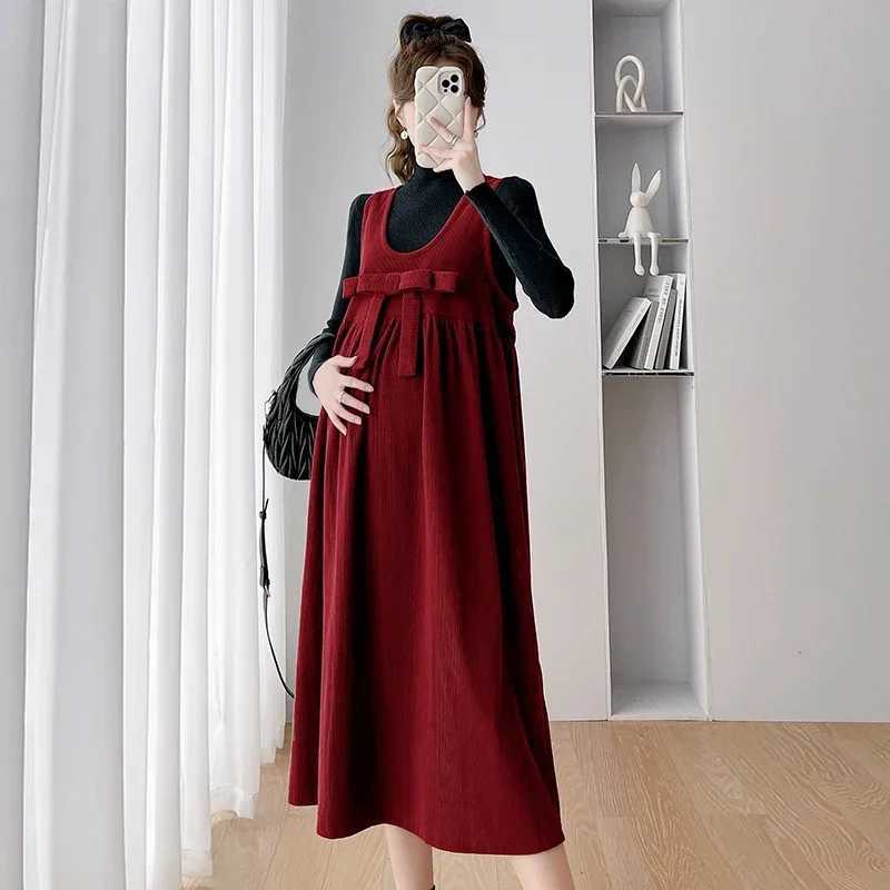 2025 Materni Sundress with Bowknot Sweet Pregnant Woman Corduroy Tank Dress Plus Size Sleeveless Pregnancy DressXJ241213