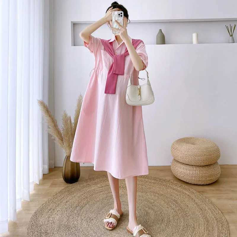 Pregnant Women Dresses Materni Lapel Dress Pregnancy Solid Color Loose Knee A Skirt Female Girls Summer ClothesXJ241213