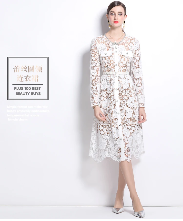 Casual Dresses Quality Autumn Long Sleeve Midi White Lace Evening Dress Women Summer Autumn Beaded Diamonds Chain Bow Belt Prom Wedding Dresses 2025