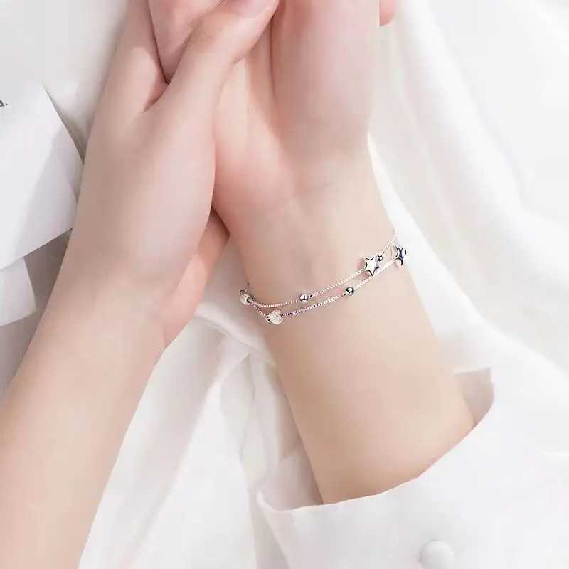 925 Sterling Silver Bead Chain Bracelets For Women Korean Sweet Double Layer Beautiful Stars Bracelets Original Jewelry GiftsXJ241214