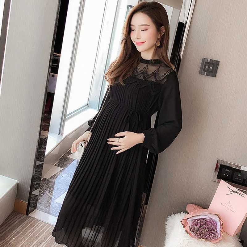 High Quali Chiffon Dresses Materni Clothes For Pregnant Women Long Sleeve Pleated Dresses Pregnancy Materni Vestido SpringXJ241213