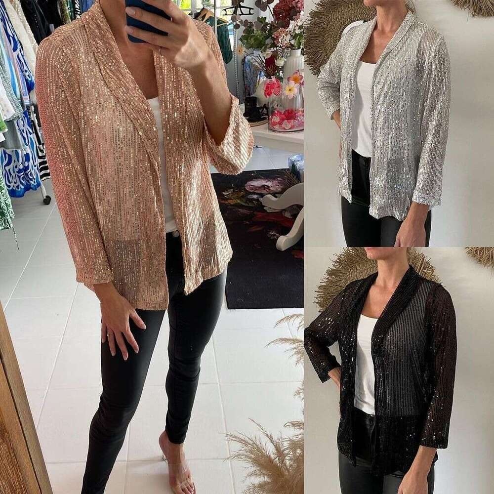 Spring New European And American Sequin Sleeved Temperament, Medium To Long Style Small Suit, Lapel Color Jacket For Women
