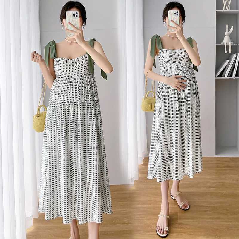 Summer Pregnant Women Dress High Waist Fashion Printed Strap Lacing Pregnancy Sleeveless Dress Materni Polka Dot Chiffon DressXJ241213