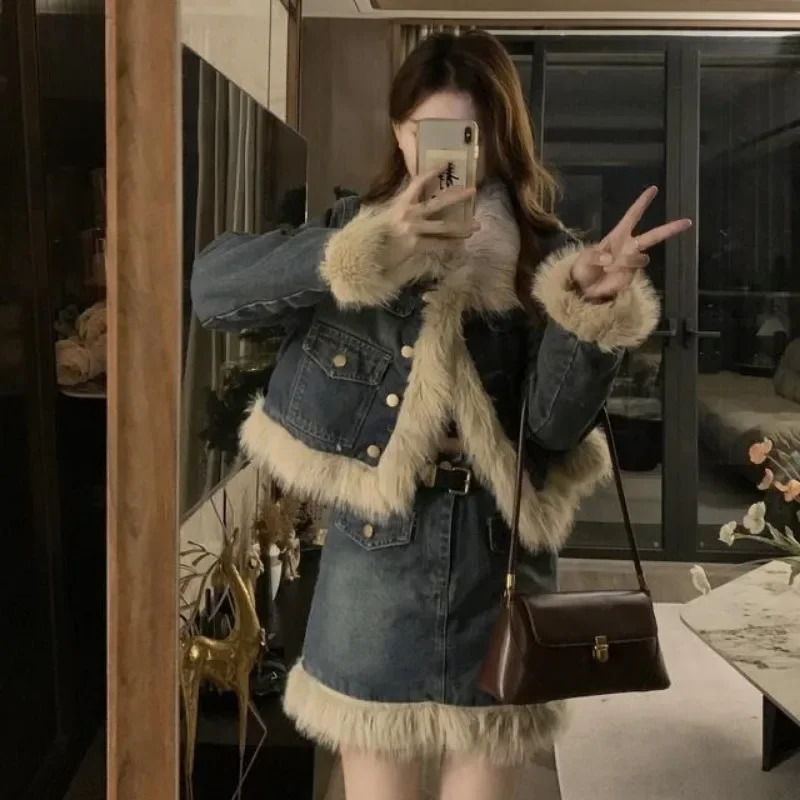 Fashionable faux fox fur collar patchwork denim jacket cotton quilt mattress denim jacket fur edge tophigh waisted A-line half sleeve 2-piece set 2412
