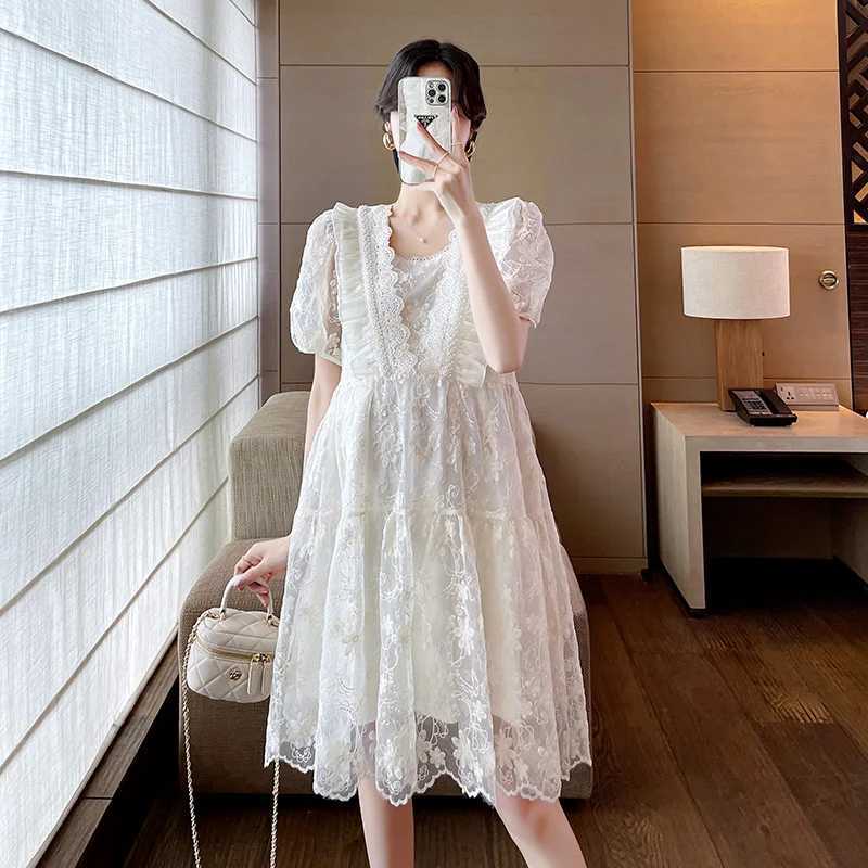 Good Quali Summer Materni Lace Dress Sweet Puff Sleeve Ruffles Patchwork Pregnant Woman Organza Dress Princess Par DressesXJ241213