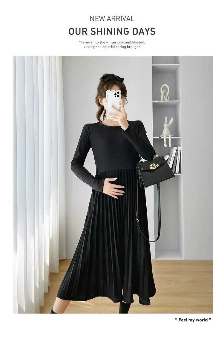 Korean Sle Autumn Pregnant Woman Pleated Dress Long Sleeve Turtleneck Fashion Materni Elegant Dress Pregnancy Evening DressXJ241213