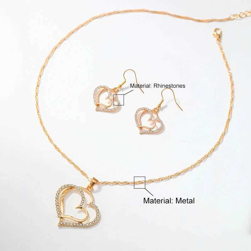 3 Pcs Set Heart Shed Jewelry Set Of Earrings Pendant Necklace For Women Exquisite Fashion Rhinestone Double Heart Jewelry SetXJ241214