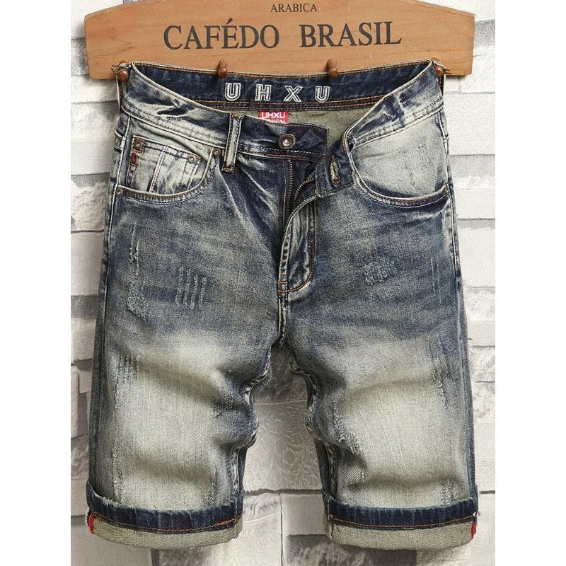 Korean clothing Harajuku mens casual denim knee length shorts 2024 summer retro American style jeans 241211