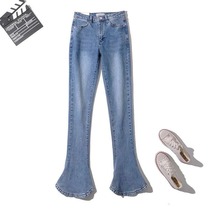 American INS autumn spicy girl retro high waisted elastic slim fit leg showing long horseshoe for women with micro horn denim pants 2024 new casual fa