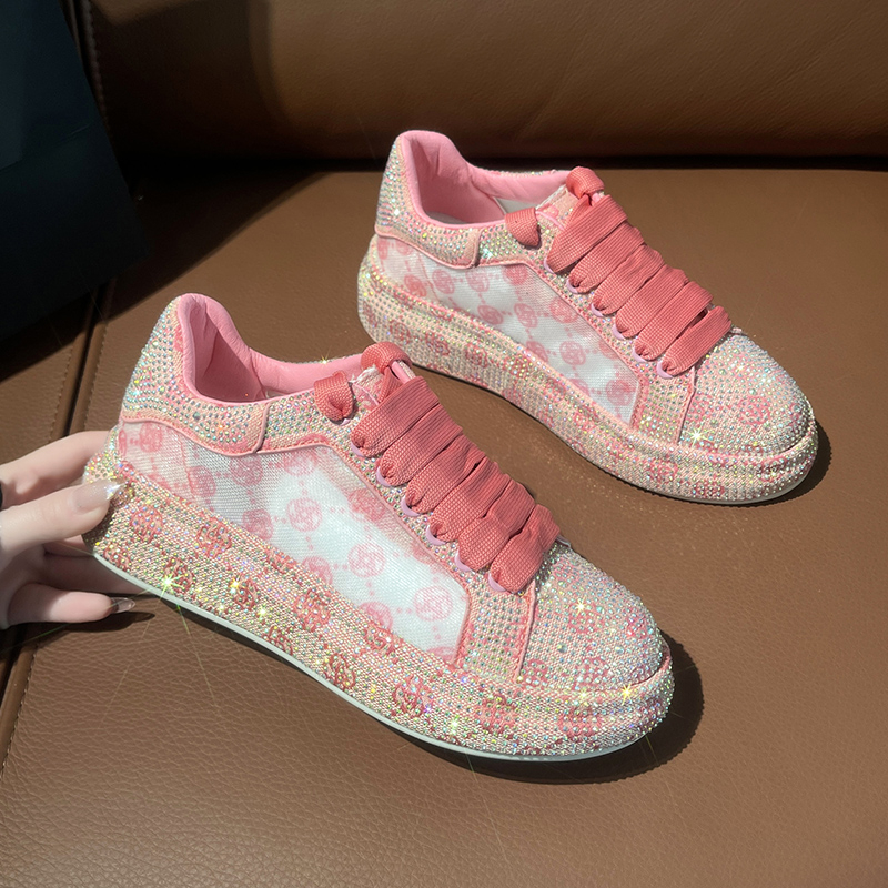 Full Diamond Thick Bottom Designer Casual Shoes with Lace up Women's Fashion Sports Shoes Pink Printed Women's Luxury Flat Shoes High Qualit