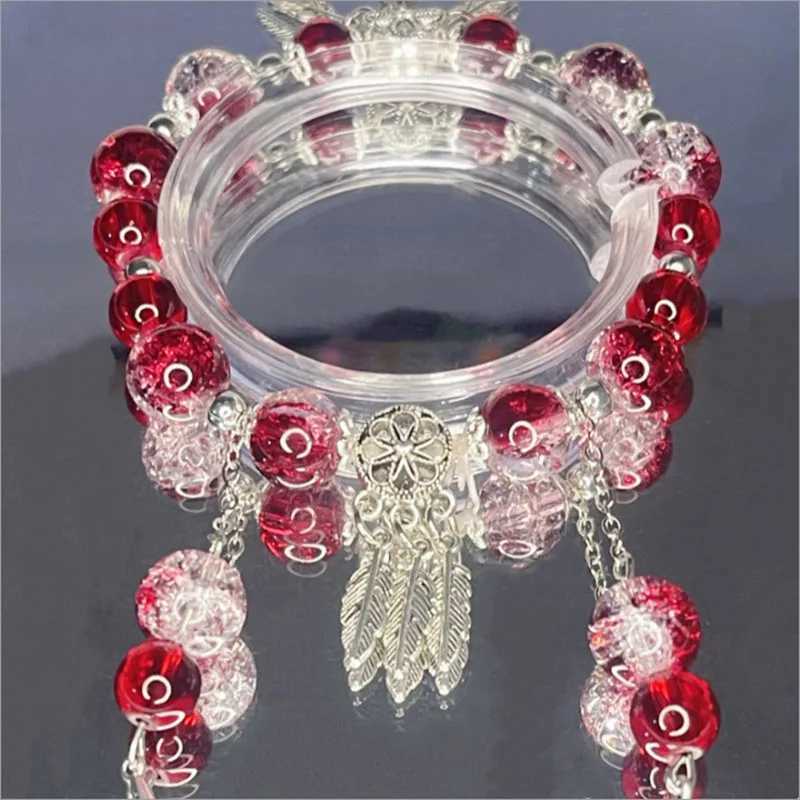 Chinese Style Red Crystal Feather Cross Pendant Bracelet For Girls Women Vintage Elastic Beaded Chain Bracelet Jewelry GiftsXJ241214