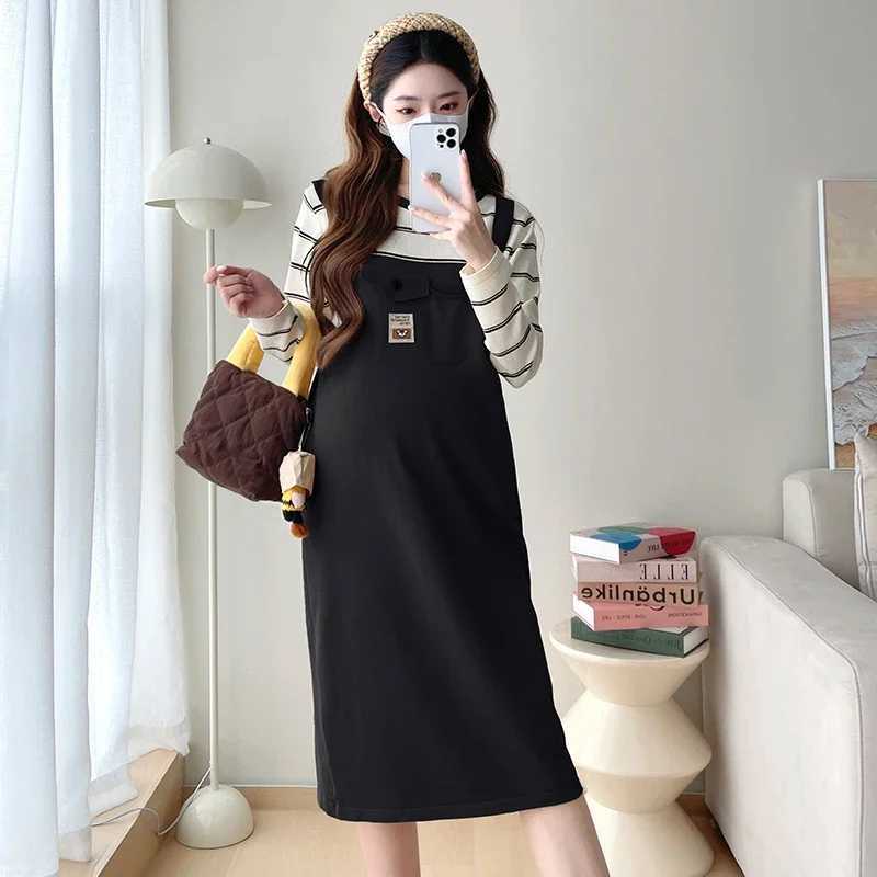 Korean Sle Materni Autumn Clothes Long Sleeve Striped Patchwork Pregnant Woman Knit Dress Fashion Pregnancy Faux Two PiecesXJ241213