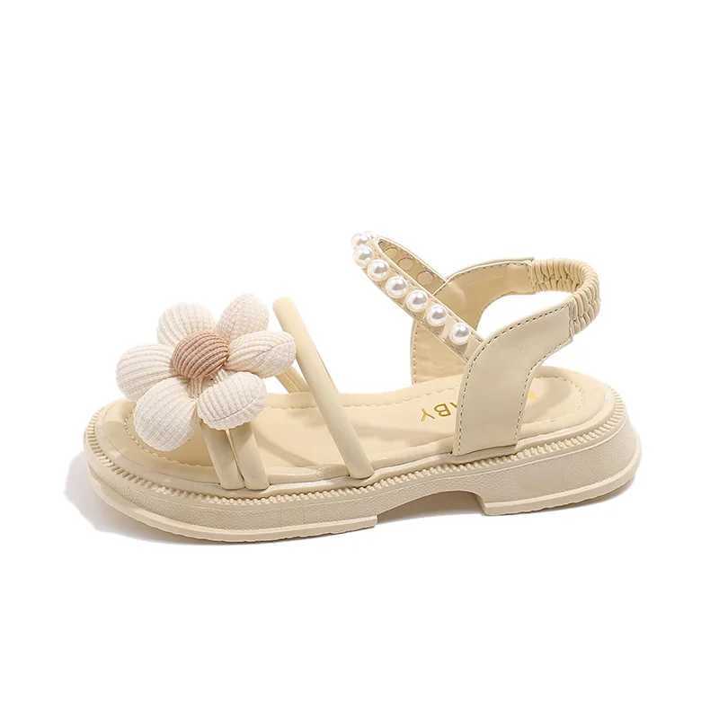 Sandals Girls Sandals Summer Appliques Black Beige Children Sliders Anti-slip Flower 26-35 mary janes All-match Kids Shoes Child H05165 H241213