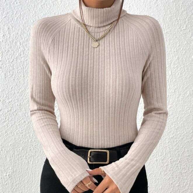 2023 European and American autumn new knitted base shirt with versatile temperament, high neck long sleeved pullover T-shirt