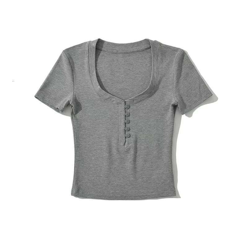 Spicy girl round neck half open button slim fit shoulder T-shirt for women's summer wear, tight fitting and slimming short sleeved top base shirt