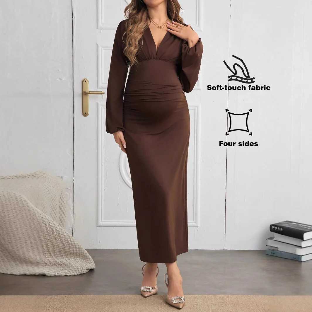 European American Pregnant Womens Long Sleeve Dress Solid Color V-neck Pleated Dress Spring Autumn Materni Youth PregnancyXJ241213