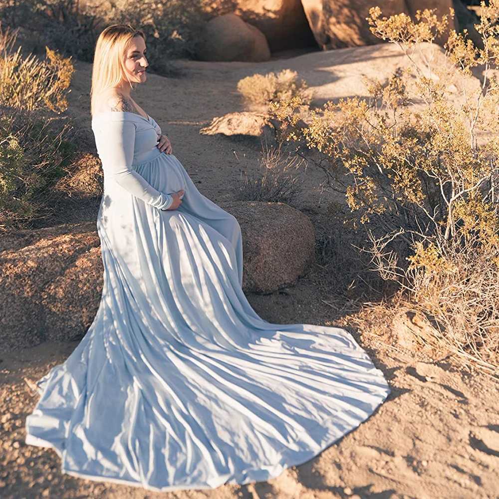 Materni V-neck Gown Long Sleeve Trailing Maxi Dress Elegant Photo Shoot For Pregnant Women PhotographyXJ241213