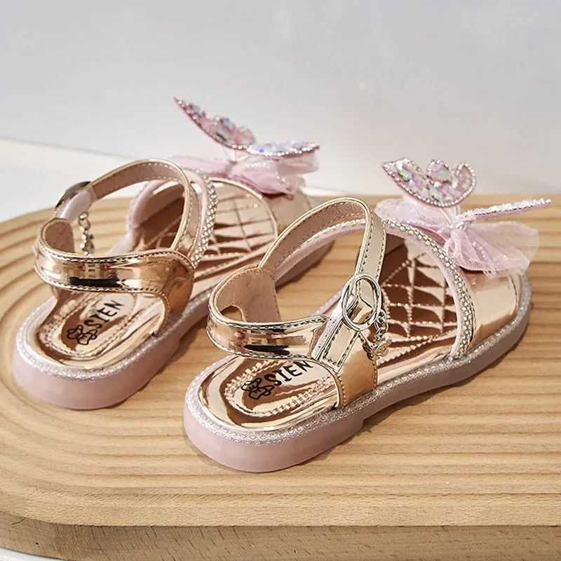 Sandals Children Party Shoes 2024 Summer New Butterfly Sequin Girls Princess Shoes Fashion Crystal Soft Sole Kids Casual Sandals H05226 H241213