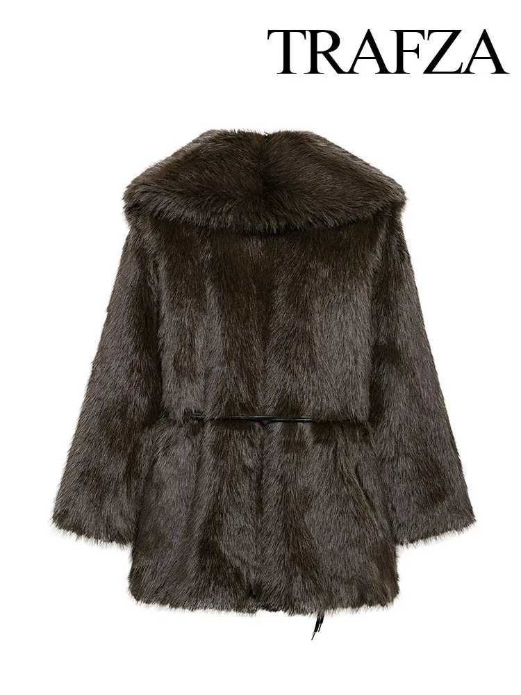 Womens Winter Fashion Coat Solid Down Collar Long Slves Belt Decoration Womens Retro Thick Warm Coat X241214