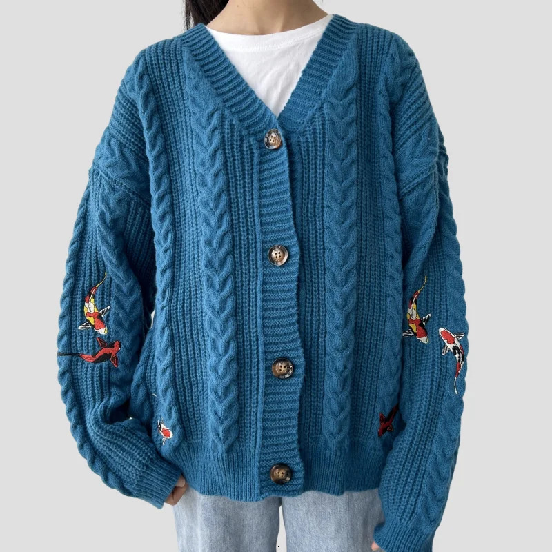 Koi Fish Cardigan Women Vintage Style Carp Embroidery Sweater Female Autumn Winter Turquoise Knitted Cardigans Tops Y2k Girl 241214