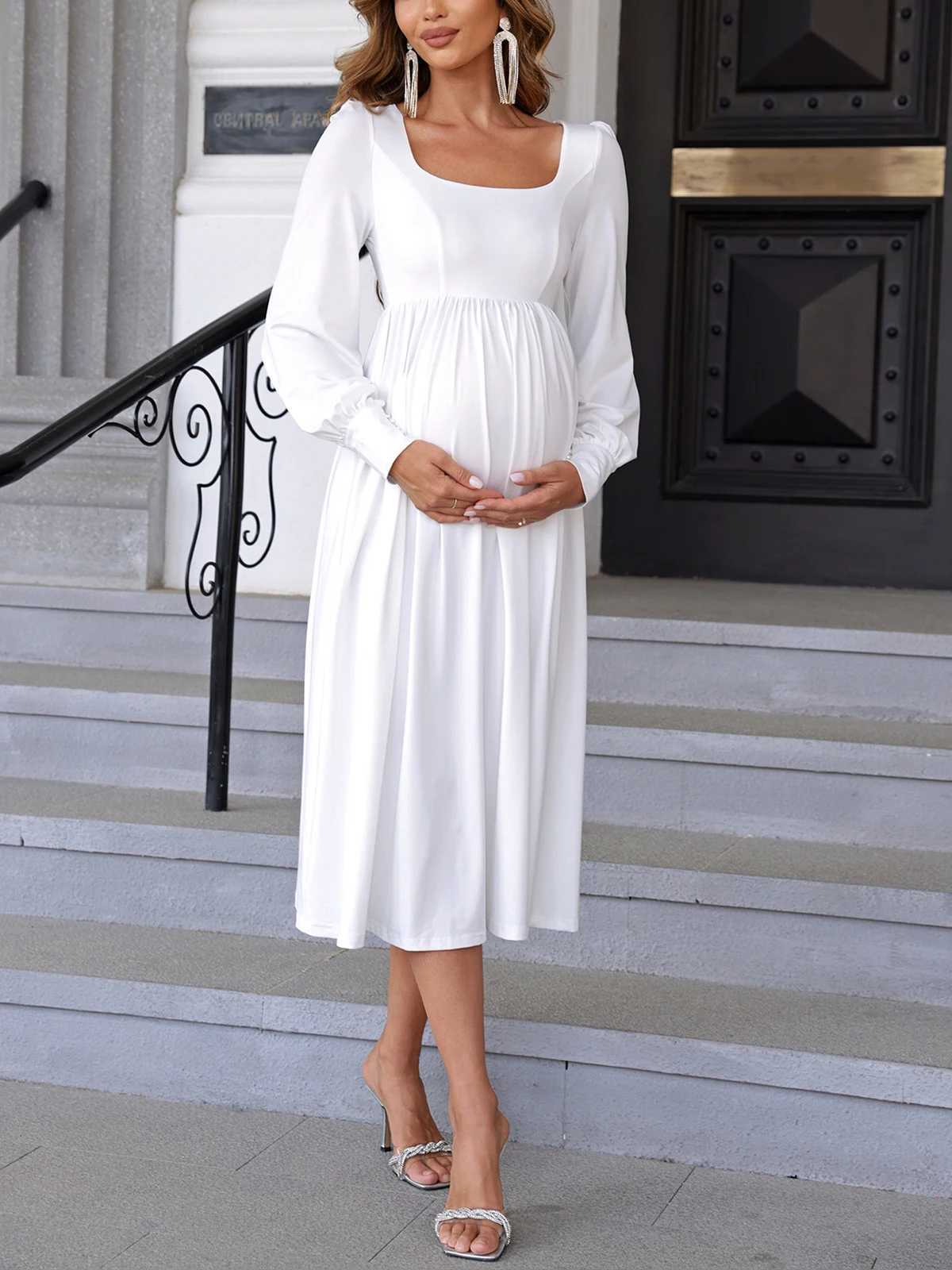 ItsRoya Simple Solid White Casual Materni Dress Long Sleeves With Pearl Women Photography Props Dress Ruched Pregnant ClothingXJ241213