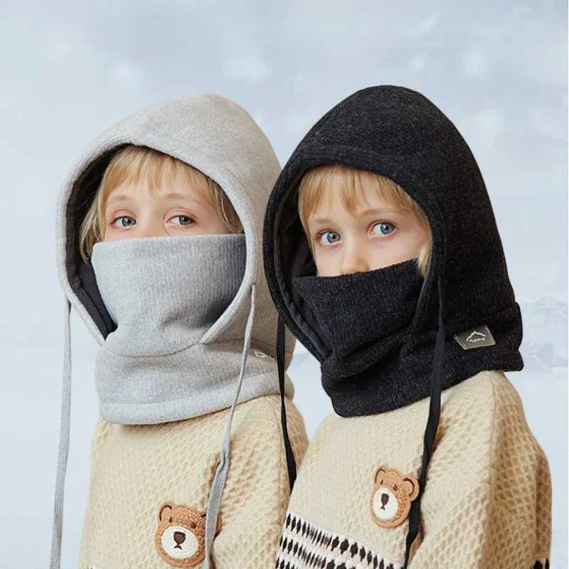 Childrens winter hat childrens balaclava hat scarf facial mask hooded hat boys girls plush pad warm childrens hat hat with ear muffs W241213