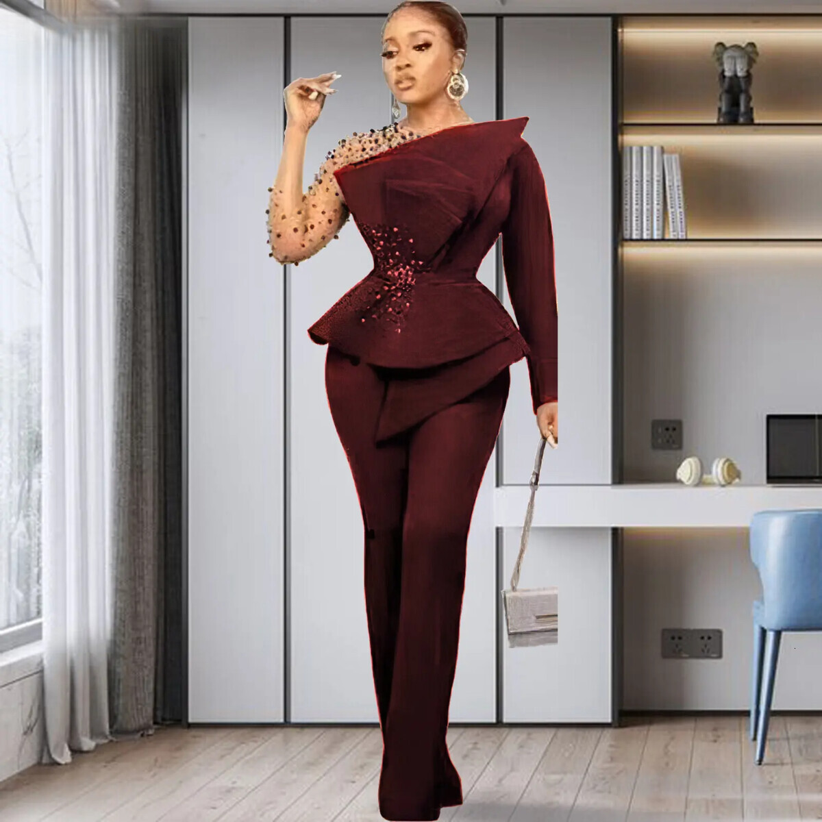 Vintage Women Beading Mesh Patchwork Ruffles Fan-Shaped Blazer Tops And Pants Suit Two 2 Piece Set Outfits Tracksuit