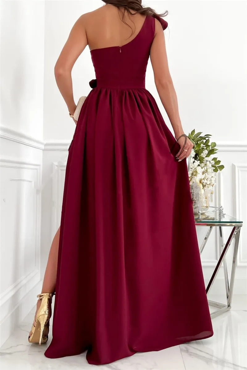 Red Evening Dress One Shoulder Flower Stickers Sleeveless Slimming Party Ball Backless Long 241212