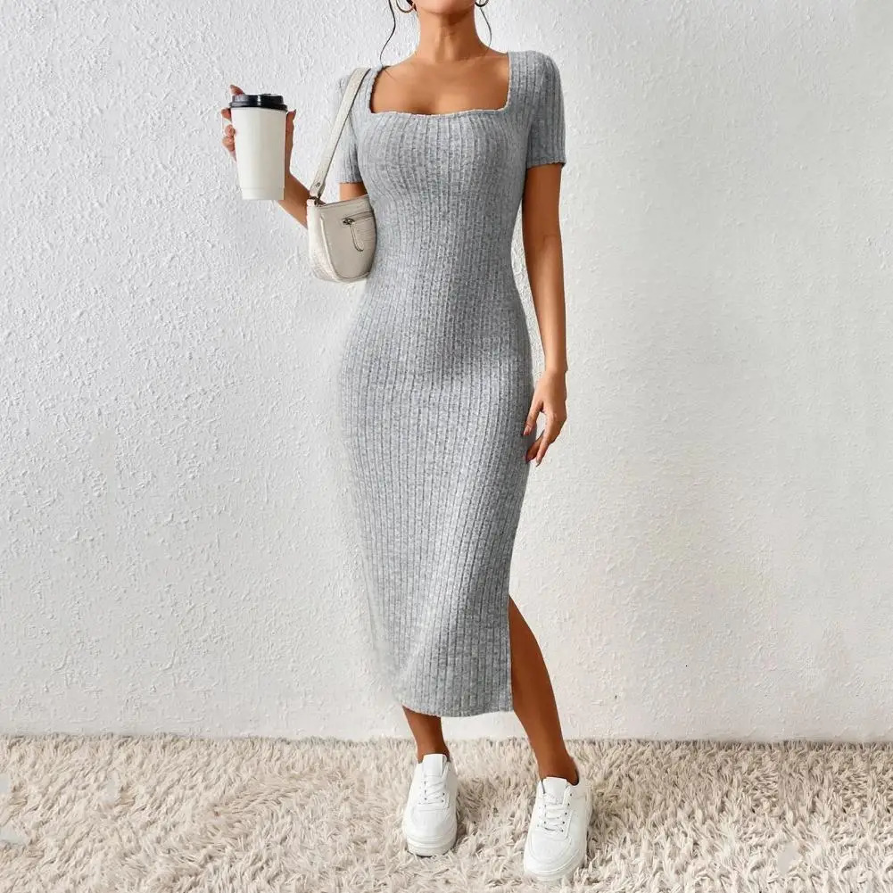 Summer womens dress tight square neckline split hem knitted elastic Midi solid color medium long sleeved 241212