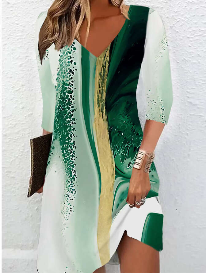 Autumn Printed Mid Sleeve V-neck Medium Length Dress for Women 2024 Versatile New Trendy Clothing Ins