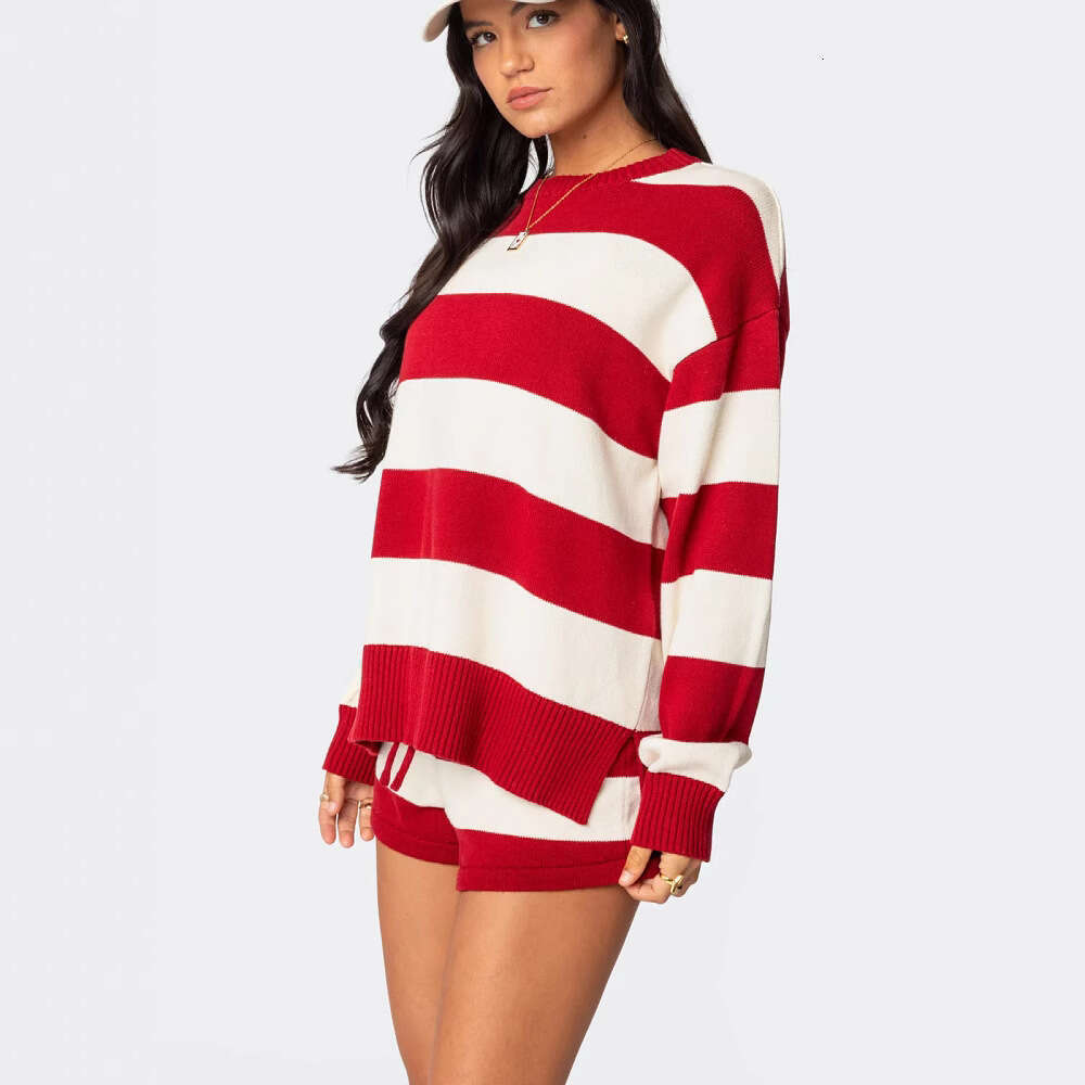 2025 new European and American knitted women's loose round neck pullover, long sleeved striped sweater jacket for women
