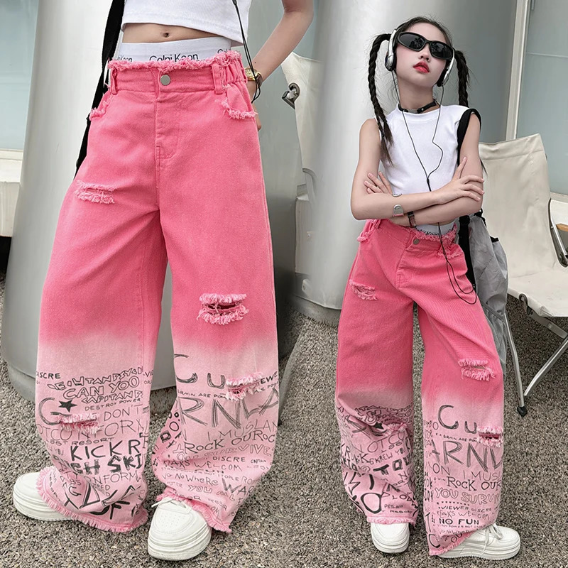 junior girls pink gradient color hole wide leg jeans cotton teenager kids Mop pants pant children trousers adolecentes 4 12 14 241213