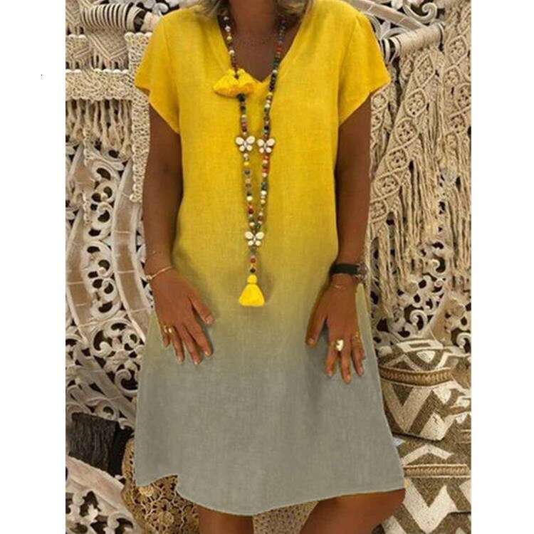 Women's 2021 gradient printed knitted short sleeved V-neck dress 2024 new casual fashion trend clothing