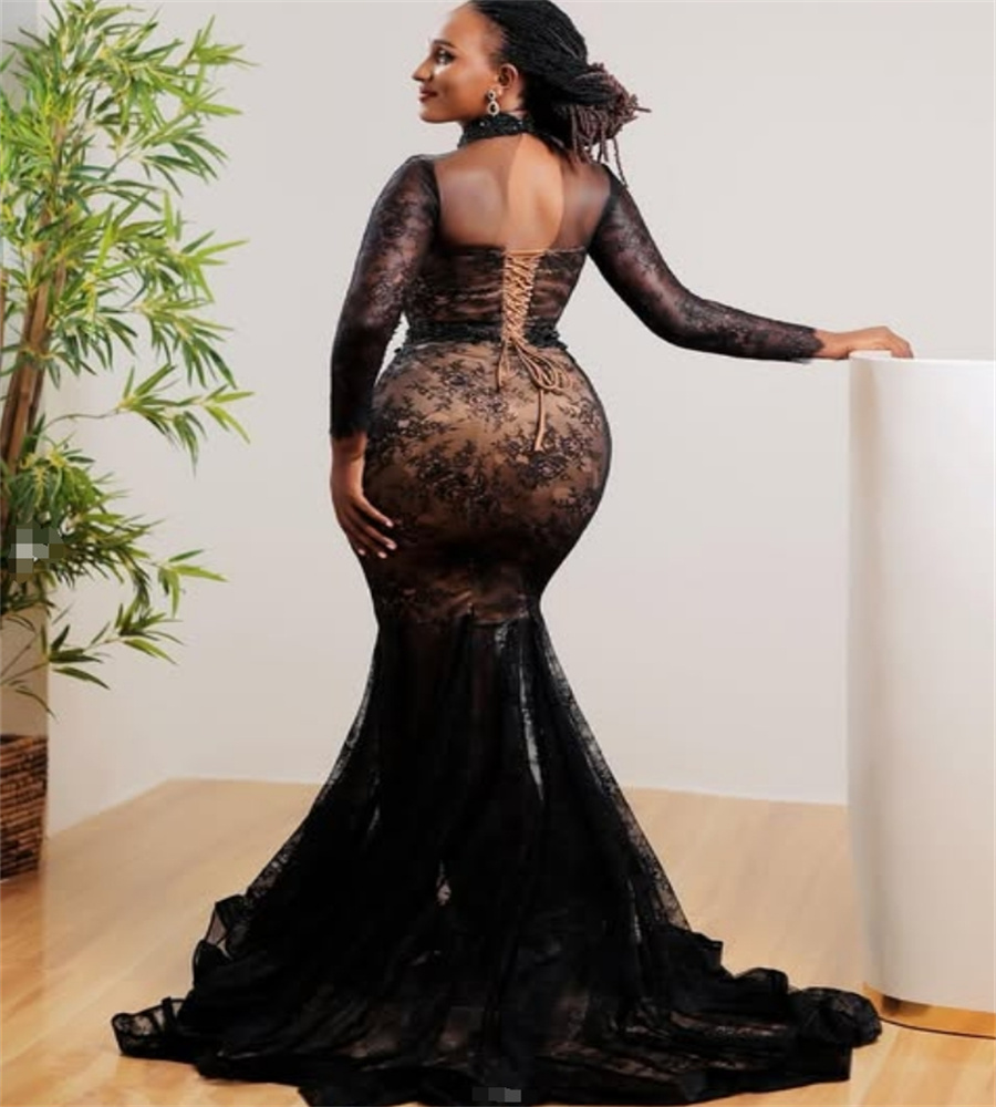Elegant Mermaid Black Evening Dress For Black Women Long Sleeve Lace Plus Size Prom Dress 2025 Aso Ebie Open Back Formal Occasion Birthday Party Gowns