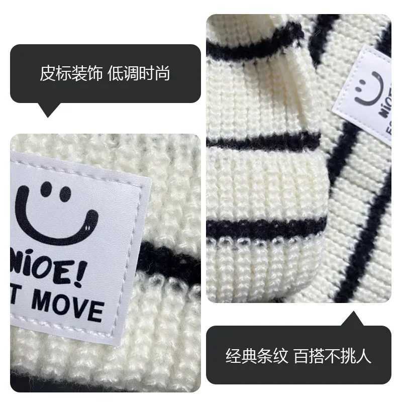 Korean Fashion Childrens Beanie Scarf Set Boys and Girls Black and White Striped Scarf Hook Knitted Hat Set Autumn Warm Knitted Hat W241213