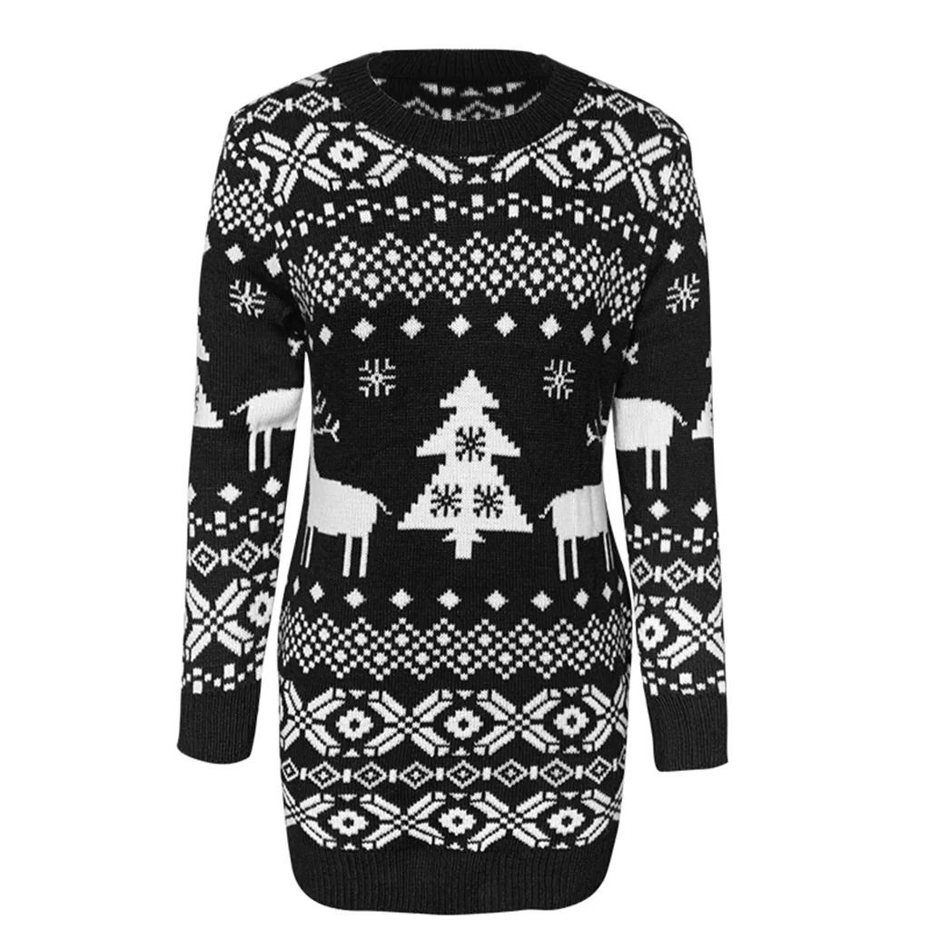 Round neck knitted mini dress Christmas snowflake print pullover sweater long sleeved weight loss bag hip 241212