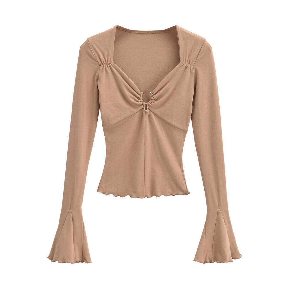 spicy girl sexy leak collarbone square neck metal ring hollow long sleeved T-shirt for women autumn trumpet sleeves slim fit base shirt 2024 temperame