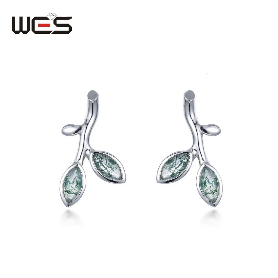 WES 925 Sterling Silver Horse Eye Moss Agate Stud Earrings for Woman Leaf Wedding Gifts Fine Jewelry Rhodium Plated 241214