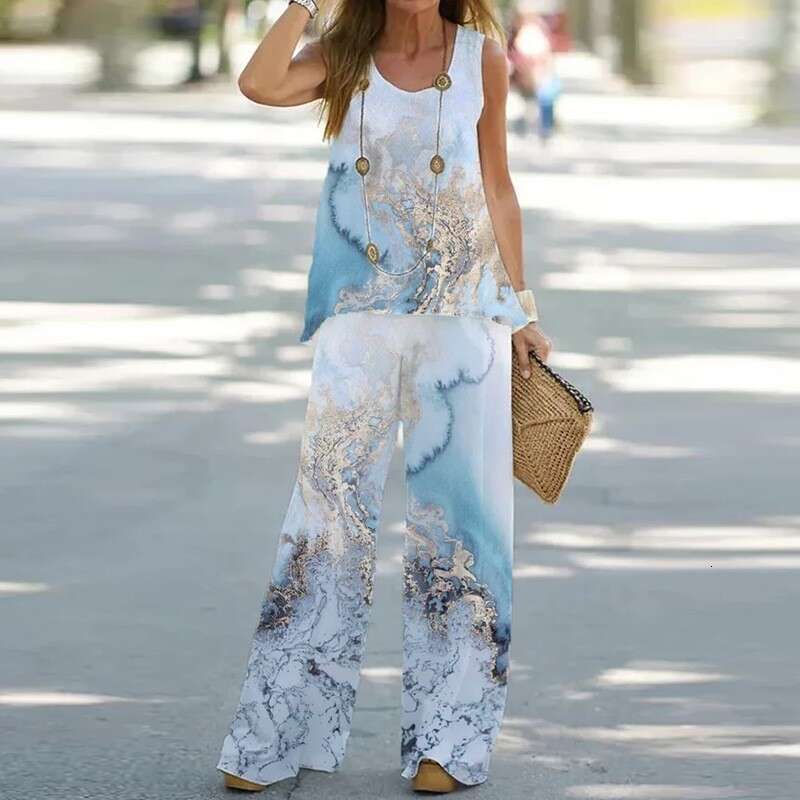 Women's printed casual two-piece vest with elastic waist pants women's set 2024 versatile new trendy clothing ins