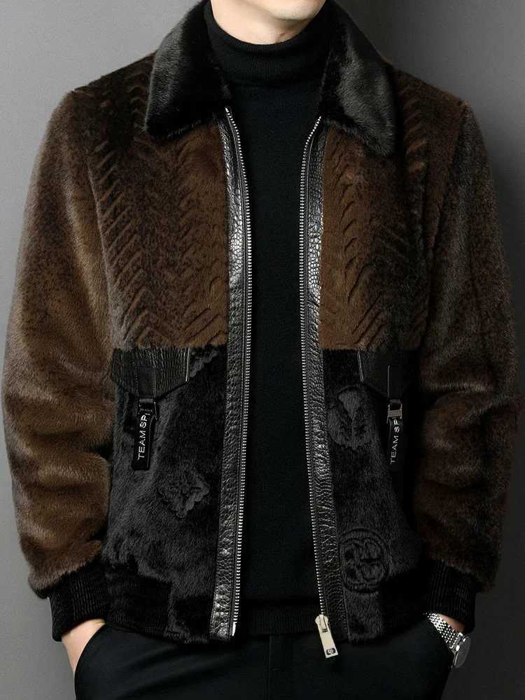 2024 Winter Mens Fashion Authentic Fur Warm Jacket Mens Collar Patch Work Jacket Mens Genuine Fur Casual Jacket F467 W241213
