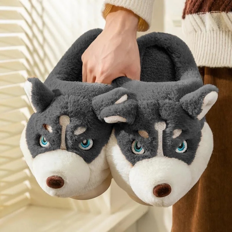 Women Indoor Cotton Slippers Cute Cartoon Dog Winter Warm Shoes Couples Home Floor Slides Antislip Female Male House Footwear 241214